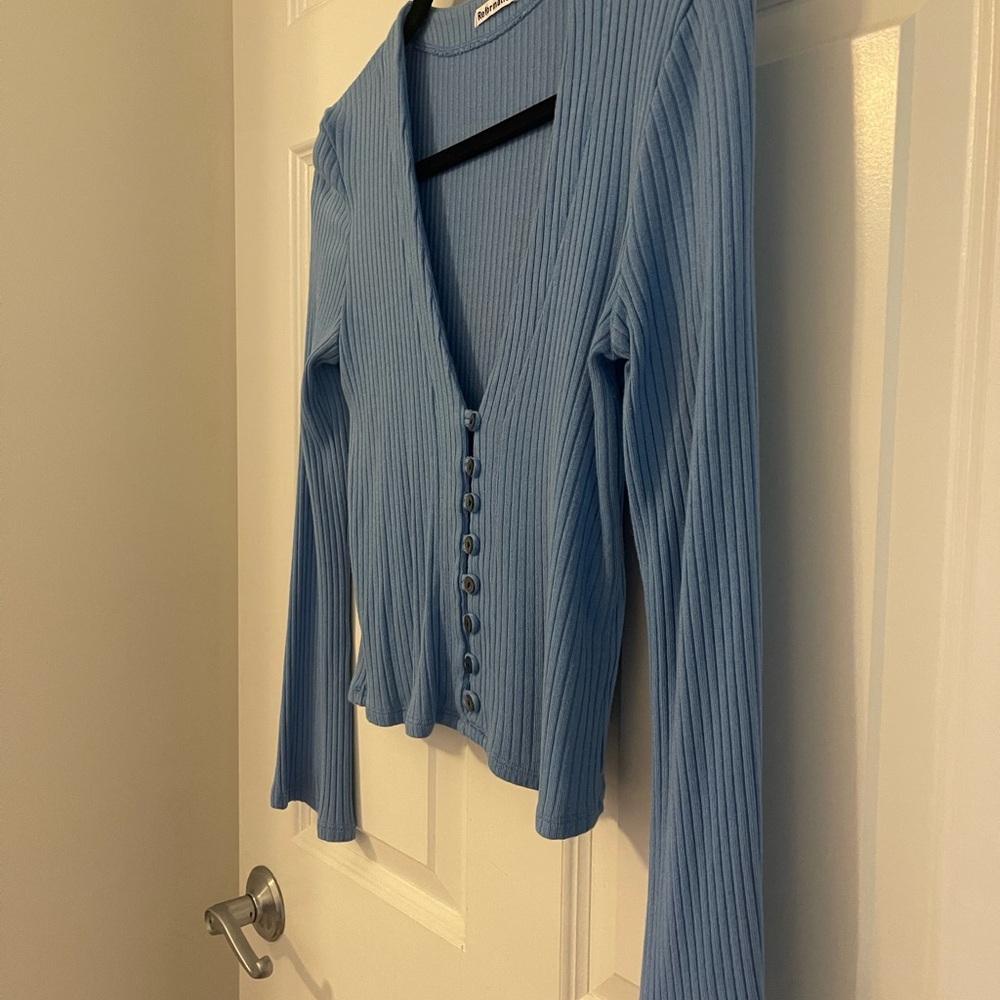 Blue Button-Down Ribbed Top - Picture 3 of 3